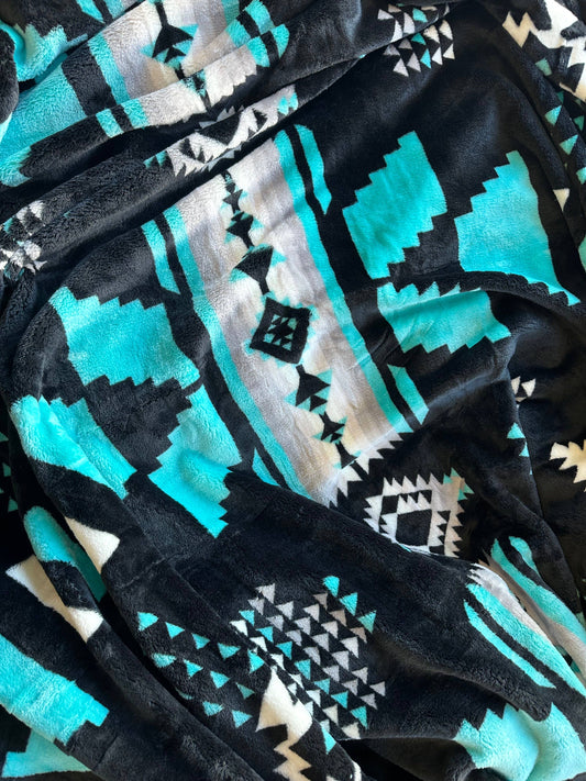 Black & Turquoise Aztec King Size Super Soft Plush Blanket