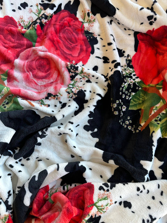 Black & White Cow Print & Roses Super Soft Plush Blanket: Twin Size