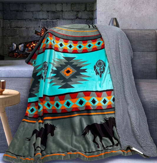 Blue Running Horse Sherpa Twin Size Blanket - 60" x 80"